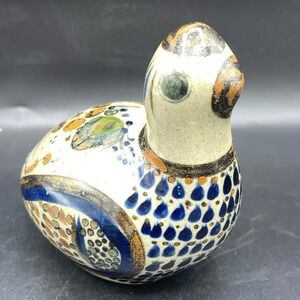 Handmade Mexican Tonala Painted Folk Art Glazed Pottery Bird Statue - 5"